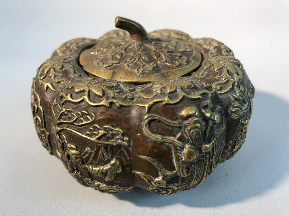 Old Asian Bronze Pot In The Shape Of Apple With Stamp On The Bottom