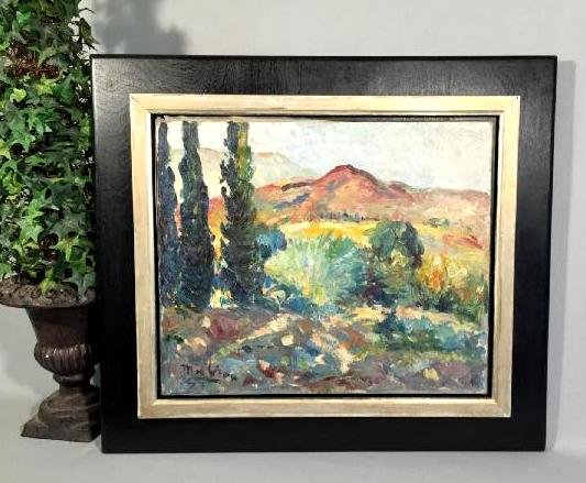 " MAGUY DE VION 1894 / 1980 " PEINTURE / HUILE SUR TOILE ( PAYSAGE DU MIDI )-photo-5