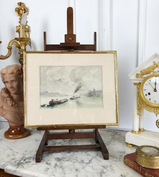 "signed" Watercolor Of The XXth Framed In Glass Representing "the Seine In Paris"-photo-3