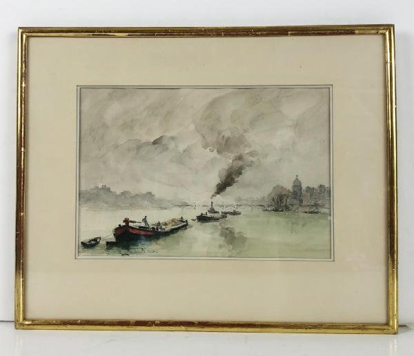 AQUARELLE " SIGNÉE " DU XXe ENCADRÉ SOUS VERRE REPRÉSENTANT " LA SEINE À PARIS "