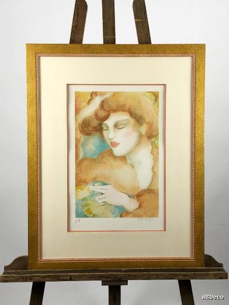 Table / Lithography "portrait Of A Young Woman" Signed And Authenticated