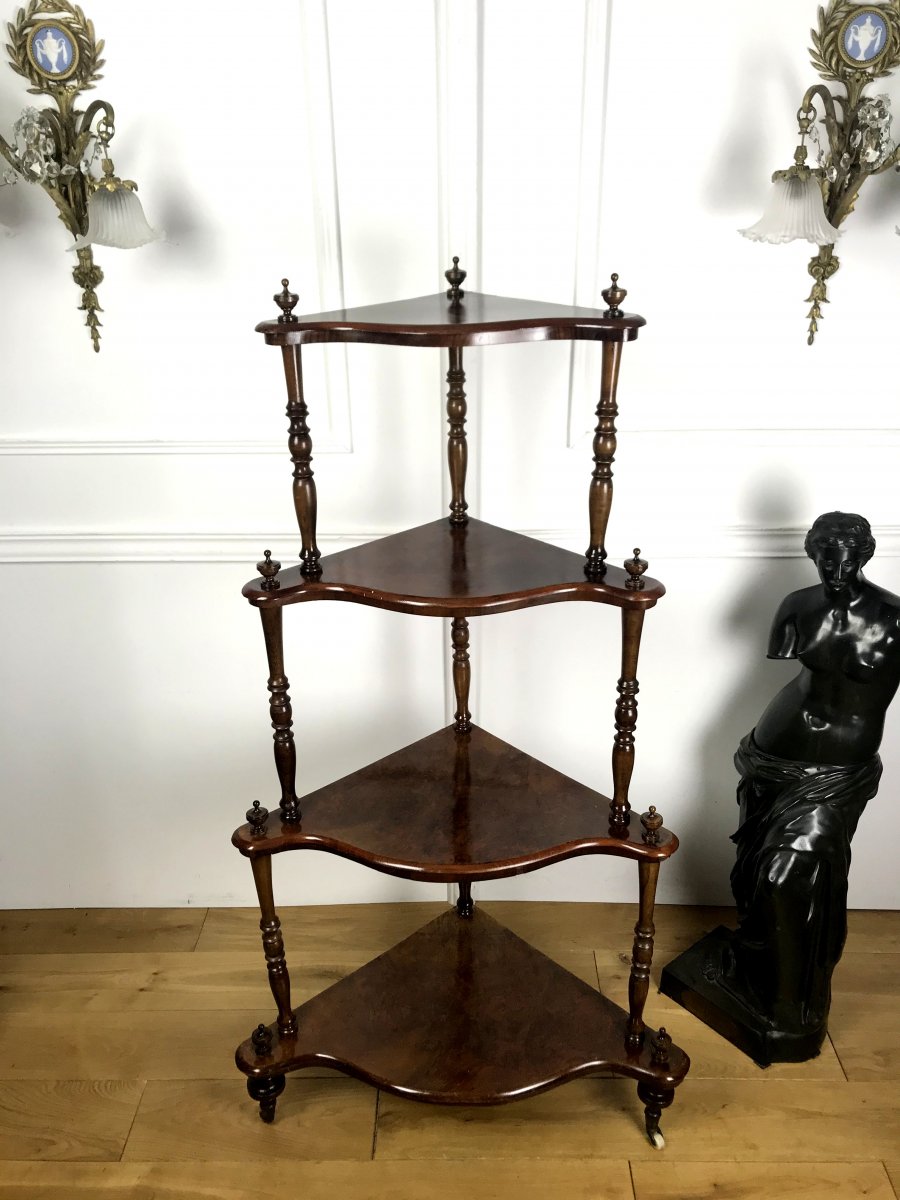 Etagere d'Angle En Acajou Et Ronce A 4 Plateaux SuperposÉs,repose Sur 3 Pieds -photo-5