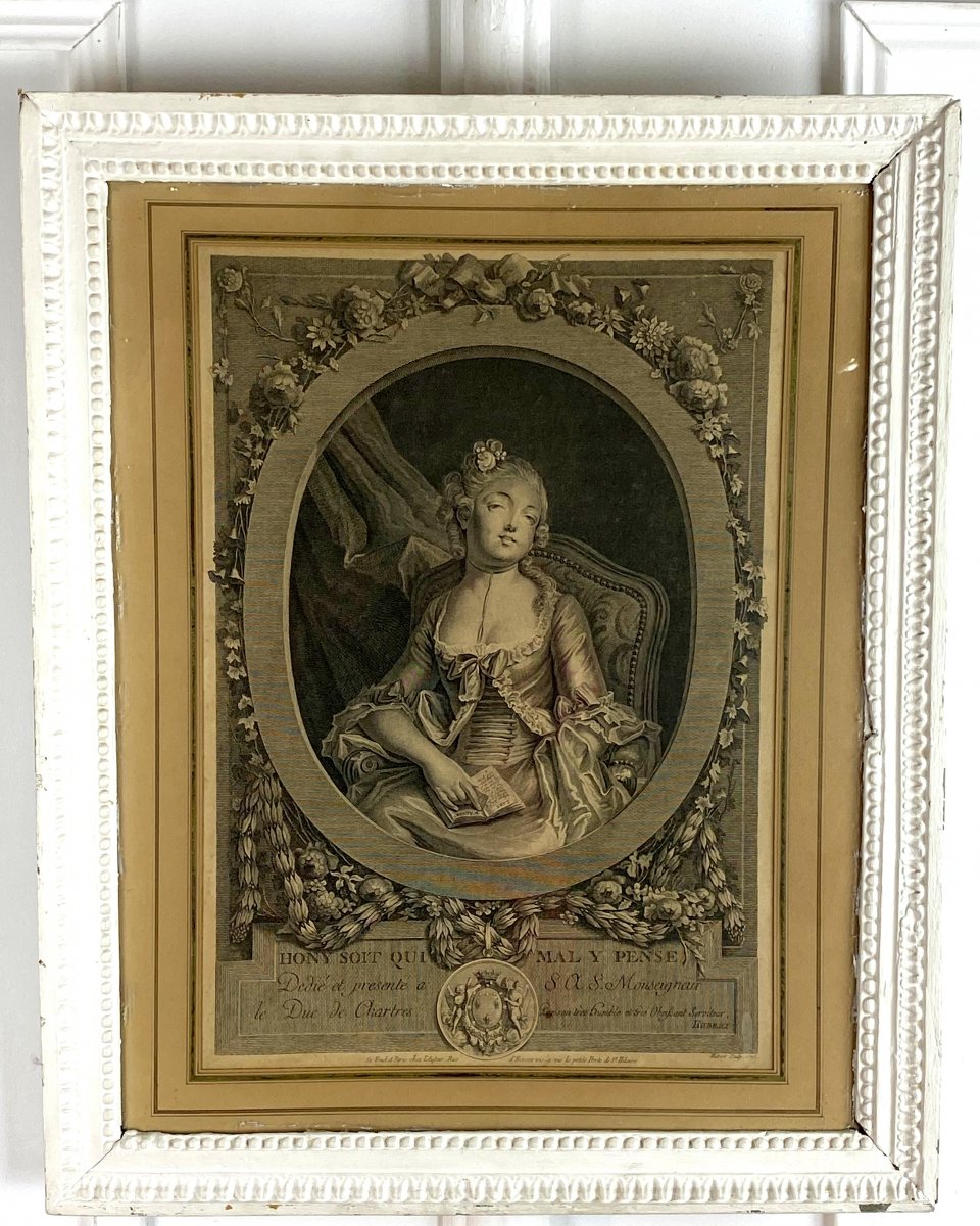 Engraving And Frame 18th Louis XVI Period "hony Soit Qui Mal Y Pense"-photo-4