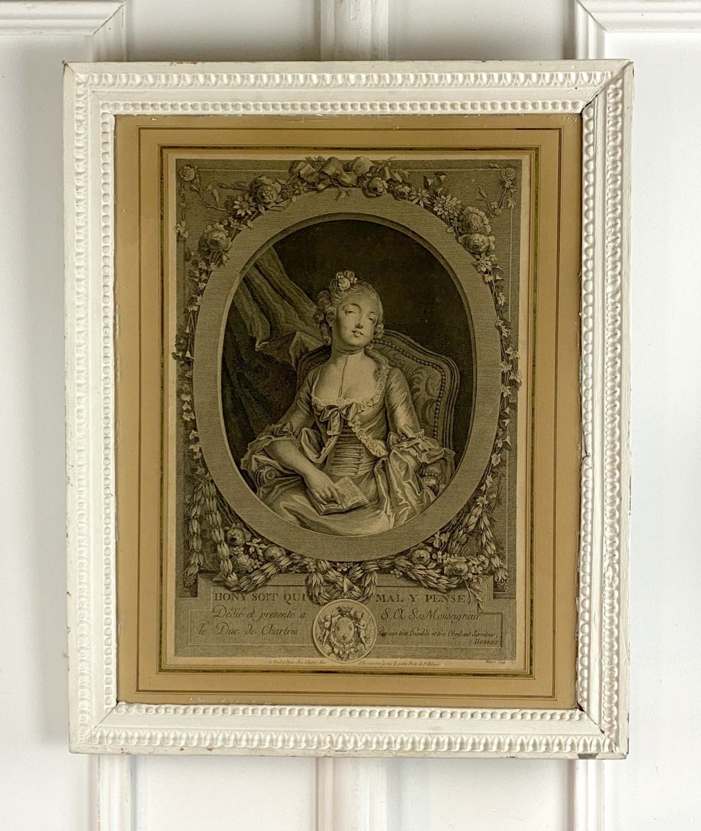 Engraving And Frame 18th Louis XVI Period "hony Soit Qui Mal Y Pense"-photo-2