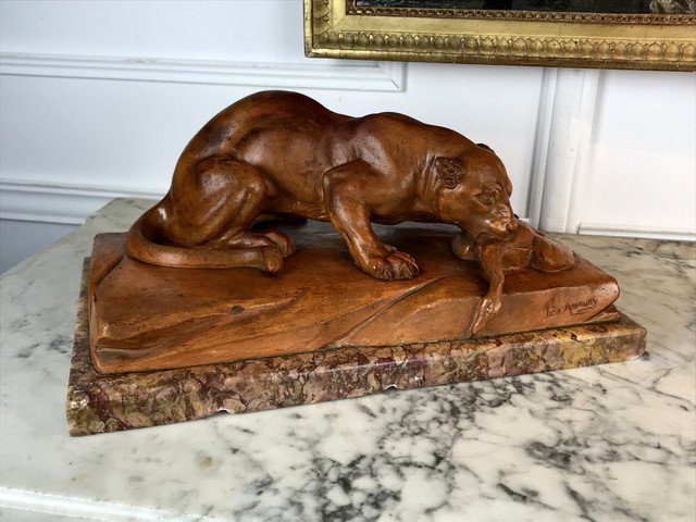 "sculpture En Terre Cuite De "lÉo Amaury " ReprÉsentant Une Lionne Des AnnÉes 30"-photo-3