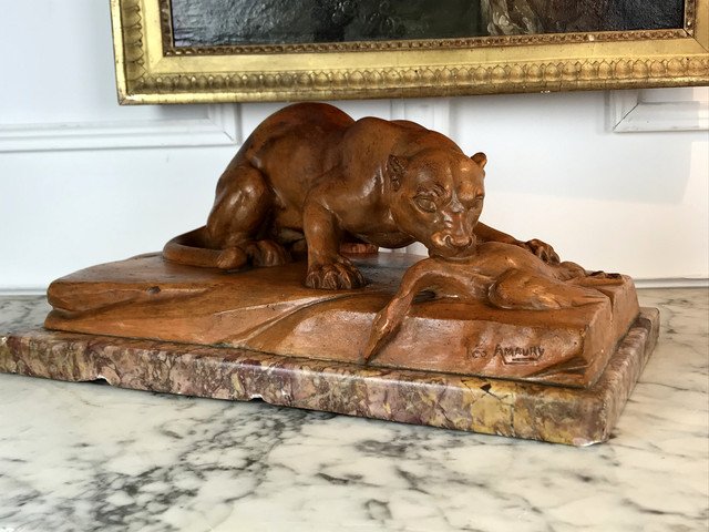 "sculpture En Terre Cuite De "lÉo Amaury " ReprÉsentant Une Lionne Des AnnÉes 30"-photo-4