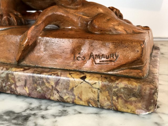 "sculpture En Terre Cuite De "lÉo Amaury " ReprÉsentant Une Lionne Des AnnÉes 30"-photo-1