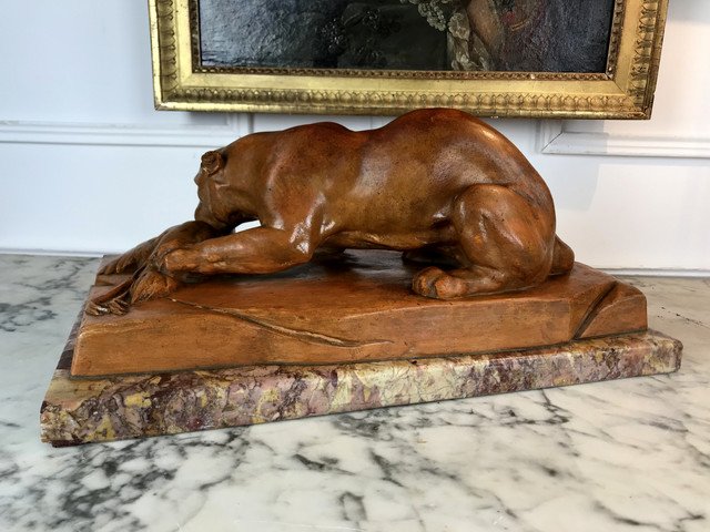 "sculpture En Terre Cuite De "lÉo Amaury " ReprÉsentant Une Lionne Des AnnÉes 30"-photo-2