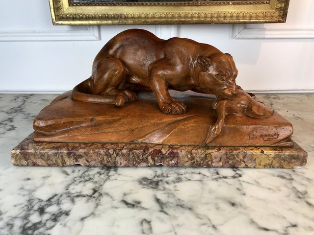 "sculpture En Terre Cuite De "lÉo Amaury " ReprÉsentant Une Lionne Des AnnÉes 30"-photo-4