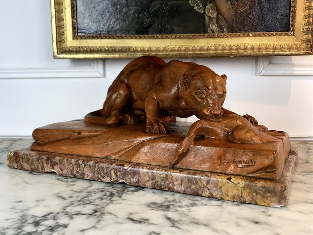 "sculpture En Terre Cuite De "lÉo Amaury " ReprÉsentant Une Lionne Des AnnÉes 30"