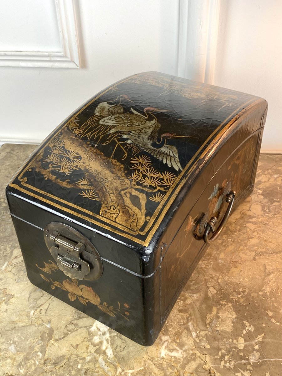Old Boiled Cardboard Box Covered With Painted Leather With Bird Decor-photo-6