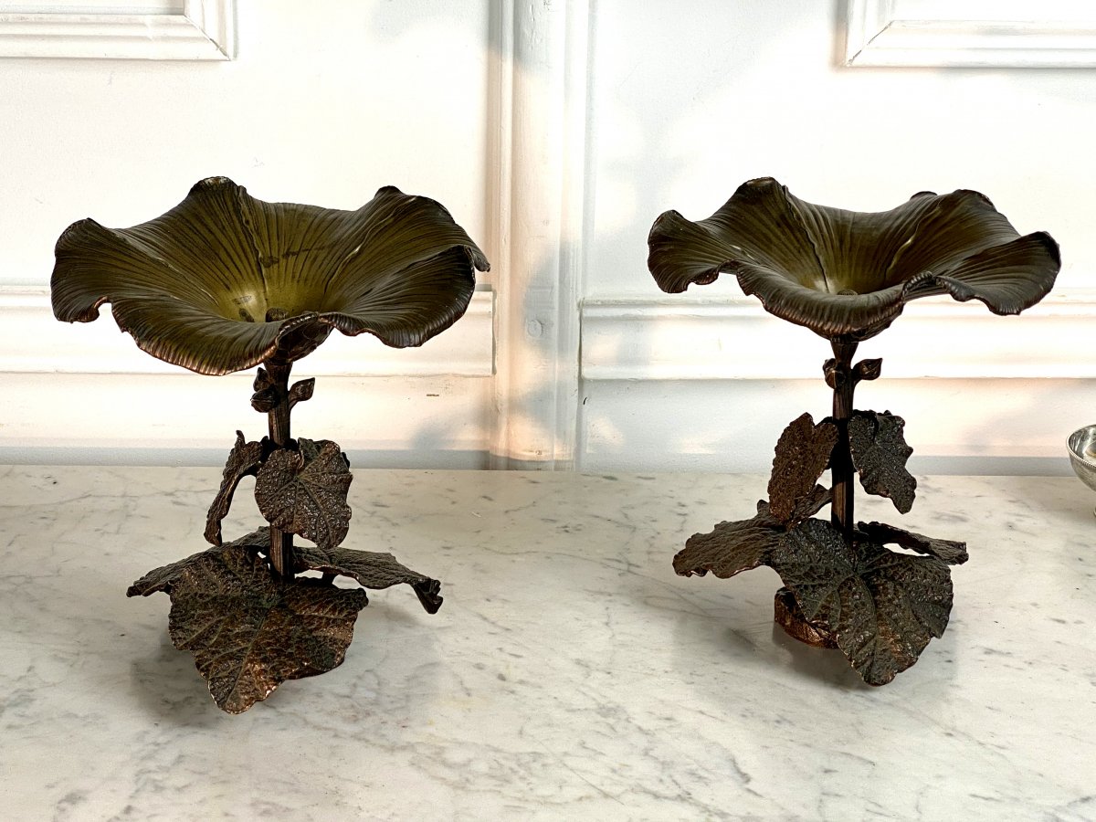 Pair Of Patinated Bronze Cups With Foliage Decor Foundry Susse Frères-photo-2