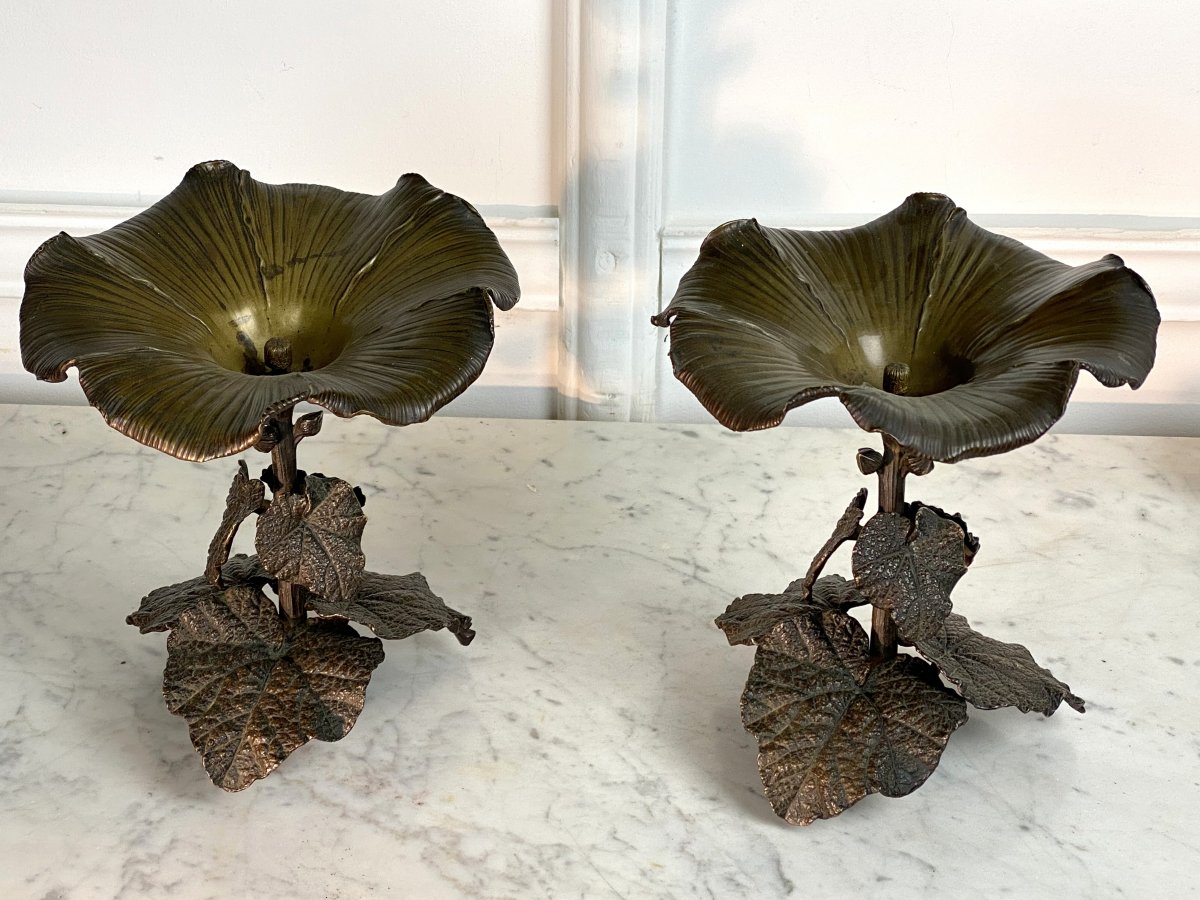 Pair Of Patinated Bronze Cups With Foliage Decor Foundry Susse Frères-photo-3