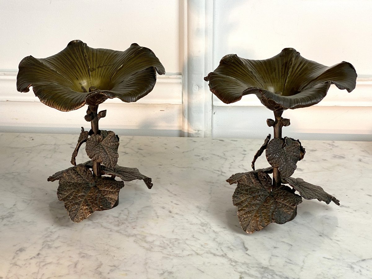 Pair Of Patinated Bronze Cups With Foliage Decor Foundry Susse Frères