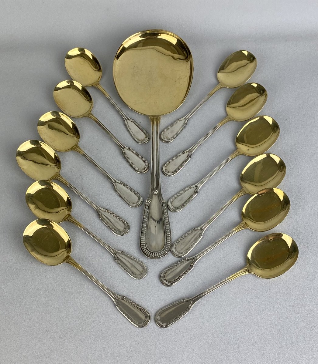Ice Cream Service In Sterling Silver / Vermeil Of 13 Pieces Weight 320 Grs