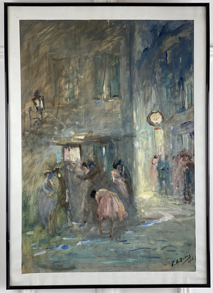 PEINTURE / HUILE SUR PAPIER "DE EMILE ALBERT DELLUC " SCENE DE RUE DES ANNÉES 30