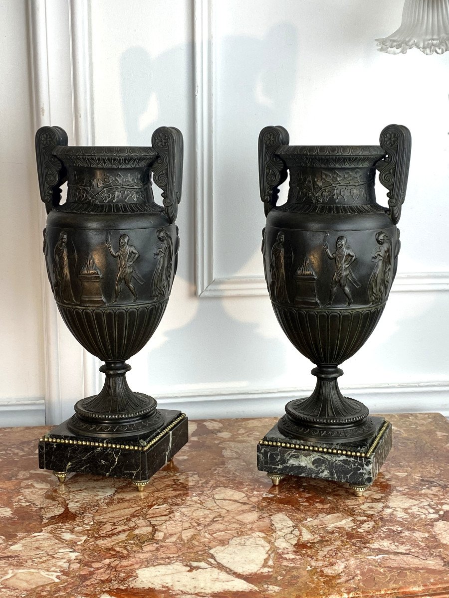 Paire De Vases Balustre Du XIXe En Regule A Decor De Personnages A L Antique -photo-3