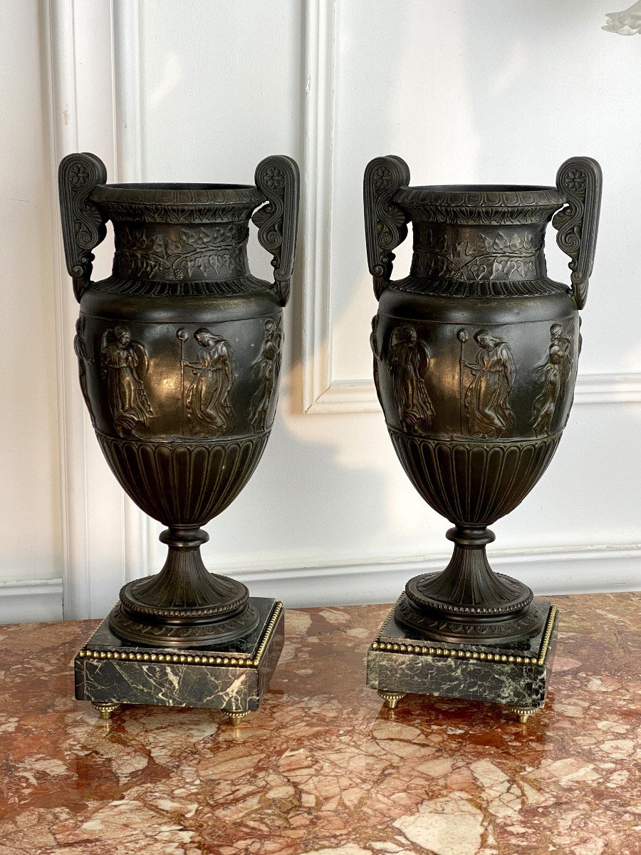 Paire De Vases Balustre Du XIXe En Regule A Decor De Personnages A L Antique -photo-3