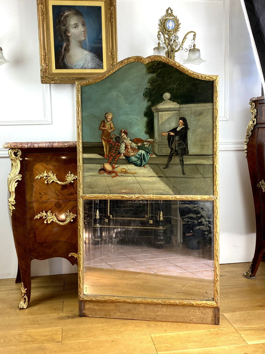 Trumeau Du XVIIIe Avec Une Peinture D Une Scene AnimÉe Et Sa Glace Au Mercure -photo-3