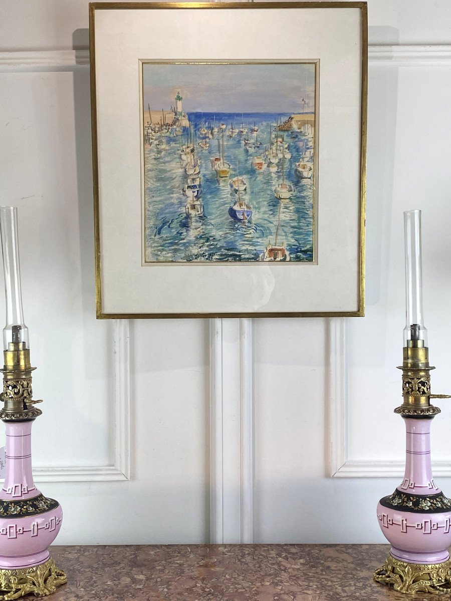 Watercolor Under Glass Of "jacques Zeitoun 1985" (the Port) Very Well Framed-photo-3