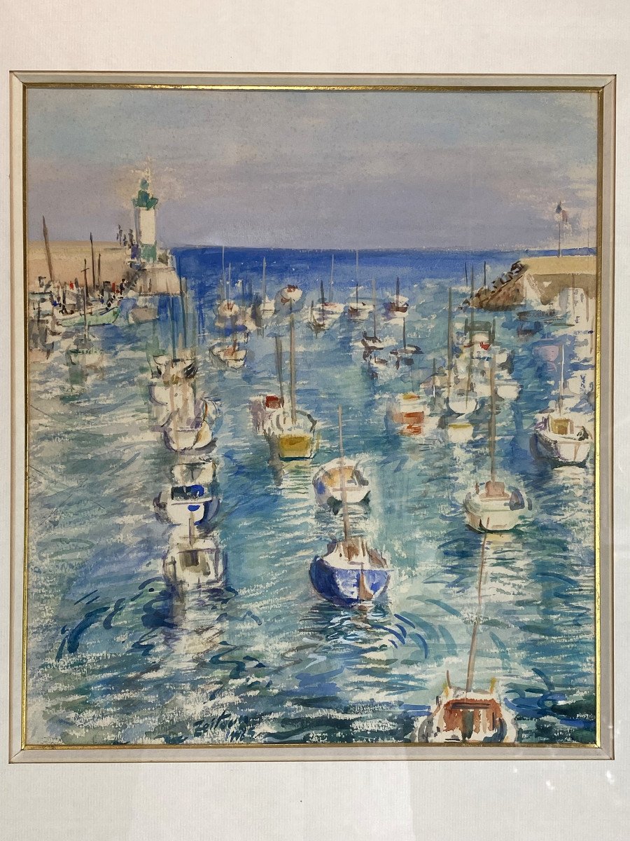 Watercolor Under Glass Of "jacques Zeitoun 1985" (the Port) Very Well Framed-photo-4