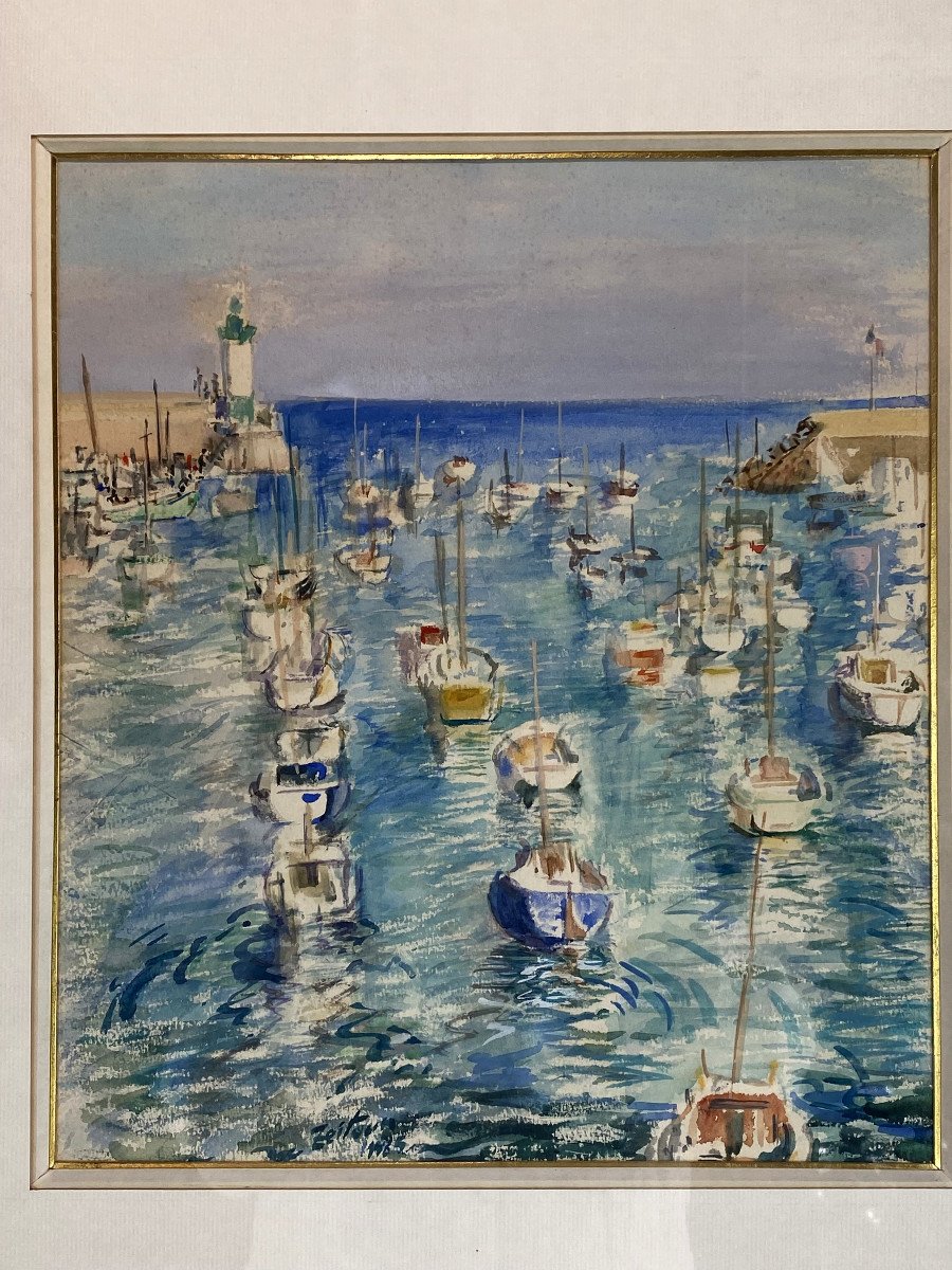Watercolor Under Glass Of "jacques Zeitoun 1985" (the Port) Very Well Framed-photo-2