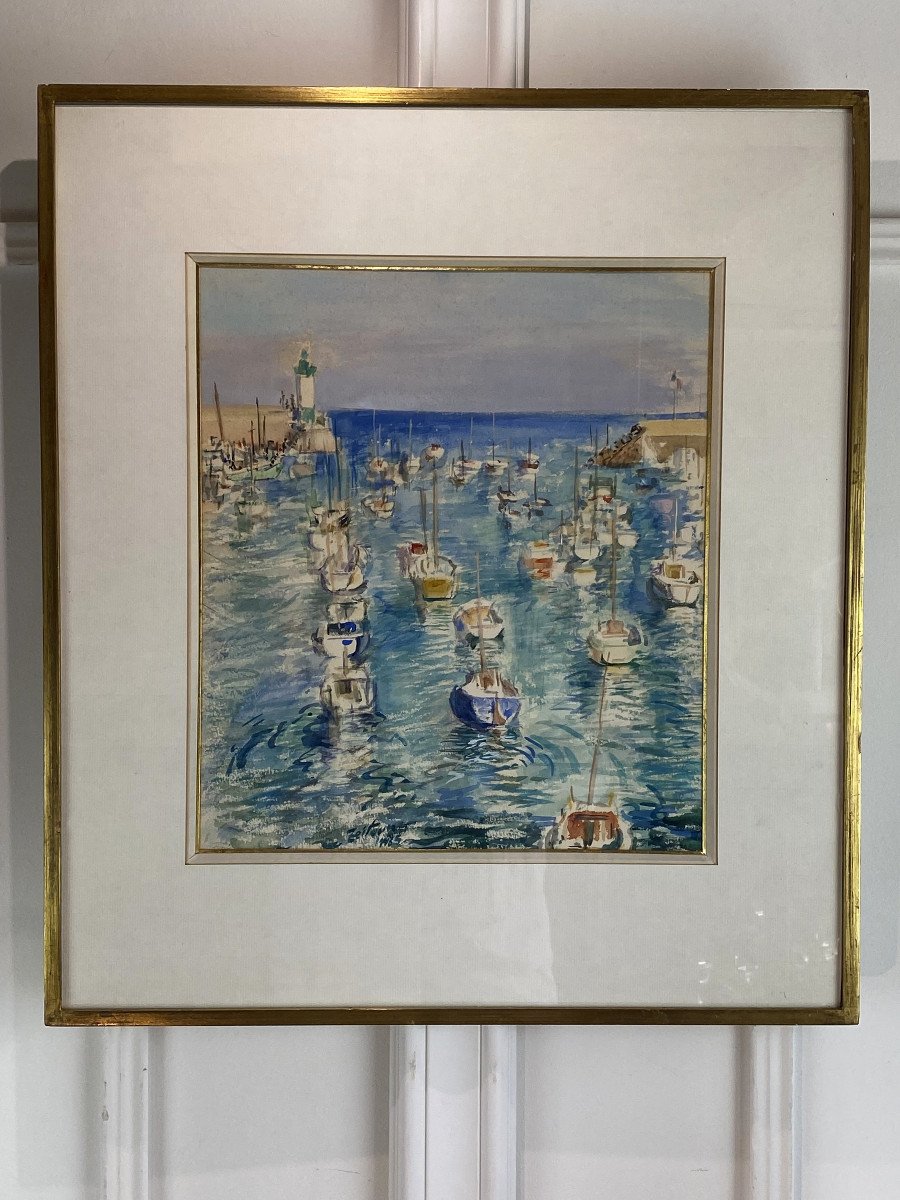 Watercolor Under Glass Of "jacques Zeitoun 1985" (the Port) Very Well Framed-photo-3