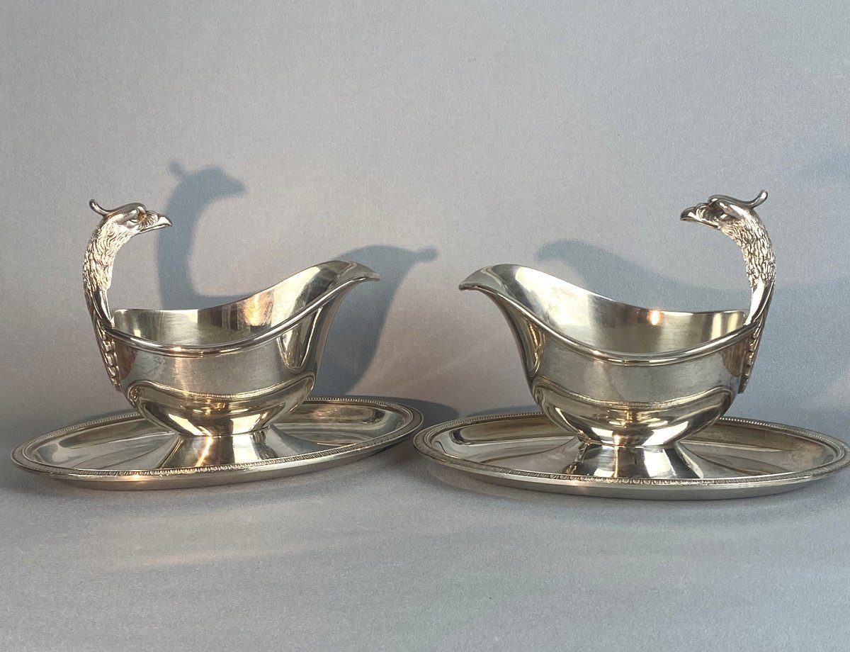 Maison Christofle Pair Of Swan Neck Saucieres Malmaison Model Twentieth-photo-7