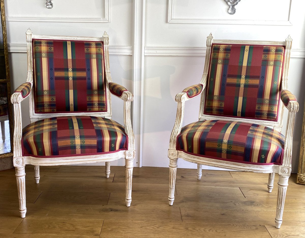 Paire De Fauteuils Et Banquette De Piano En Bois LaquÉ Blanc De Style Louis XVI -photo-1