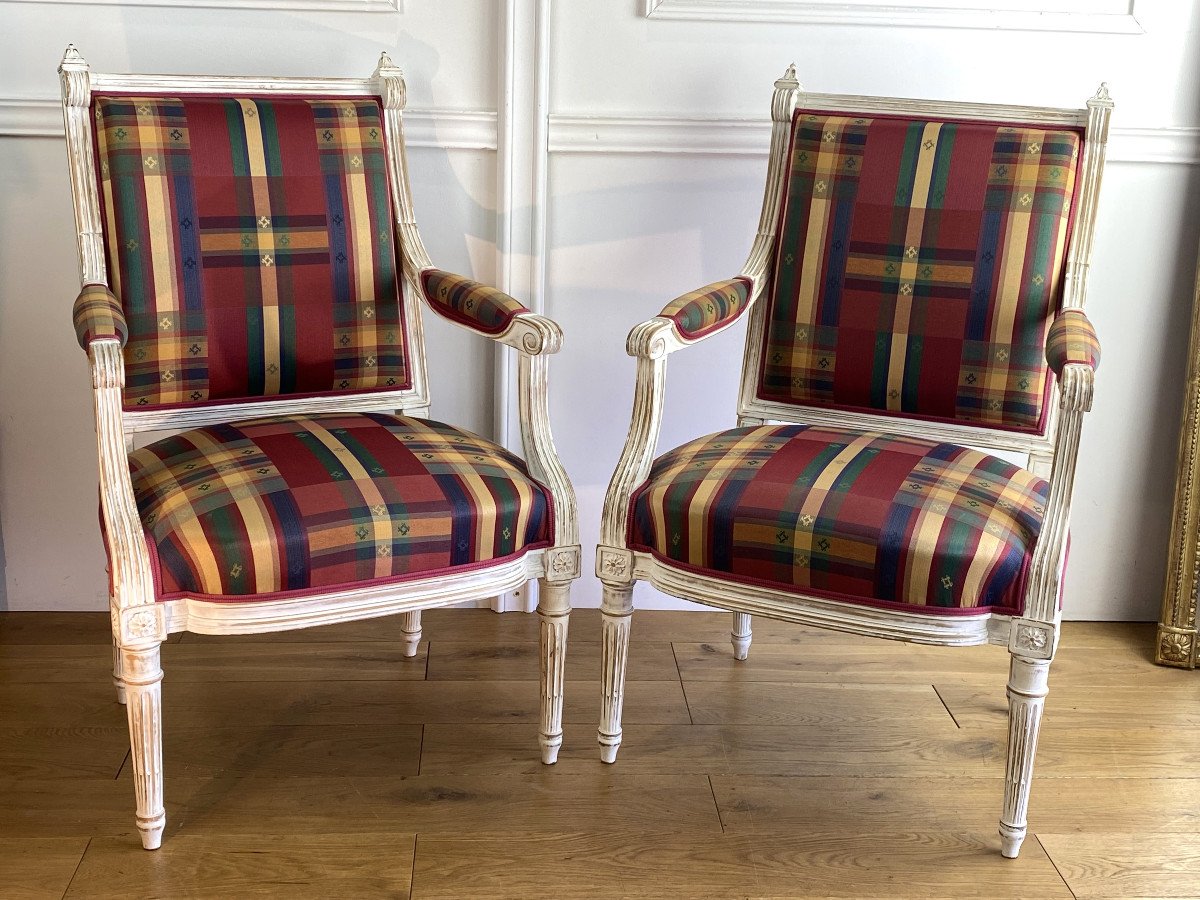 Paire De Fauteuils Et Banquette De Piano En Bois LaquÉ Blanc De Style Louis XVI -photo-5