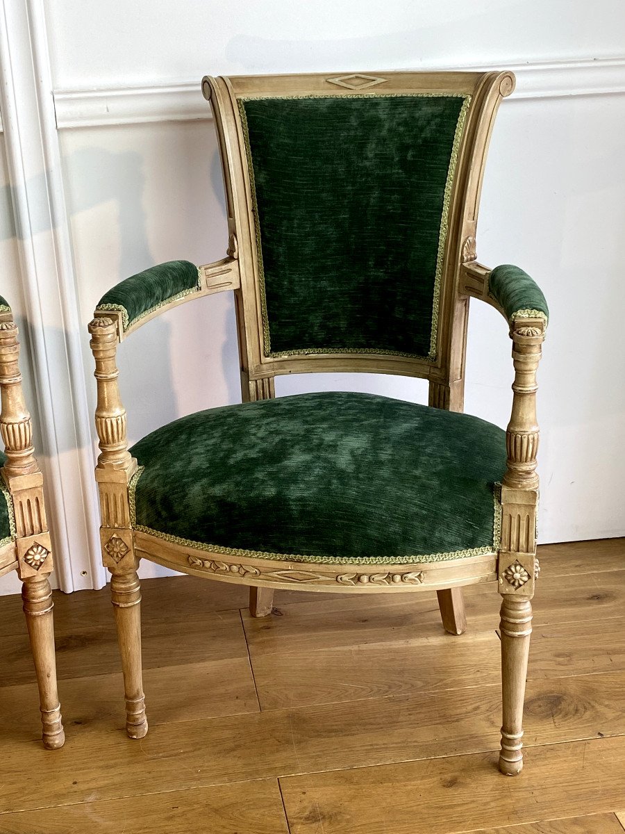 Pair Of Patinated Wood Armchairs Covered In Green Velvet Directoire Style-photo-1
