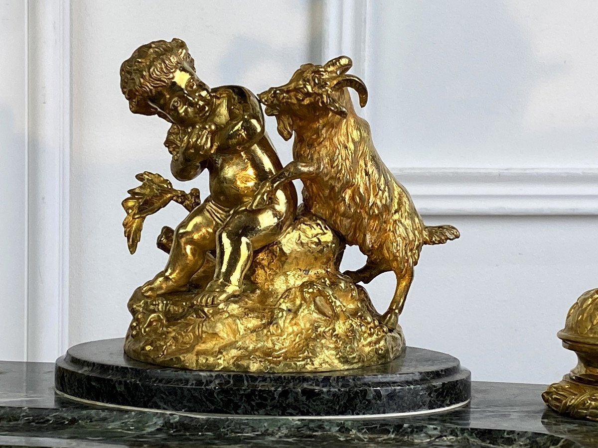 Marble And Gold Bronze Ink Putto And Goat Decoration Signed "museum Of Sevres"-photo-4