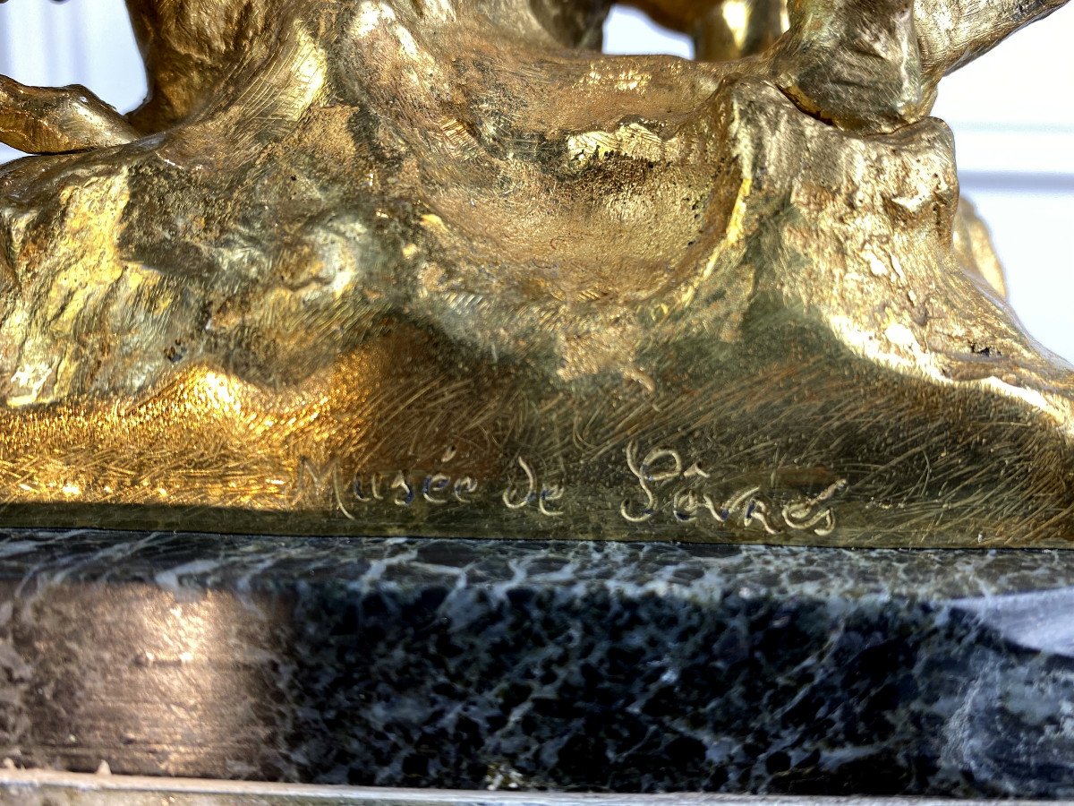 Marble And Gold Bronze Ink Putto And Goat Decoration Signed "museum Of Sevres"-photo-5
