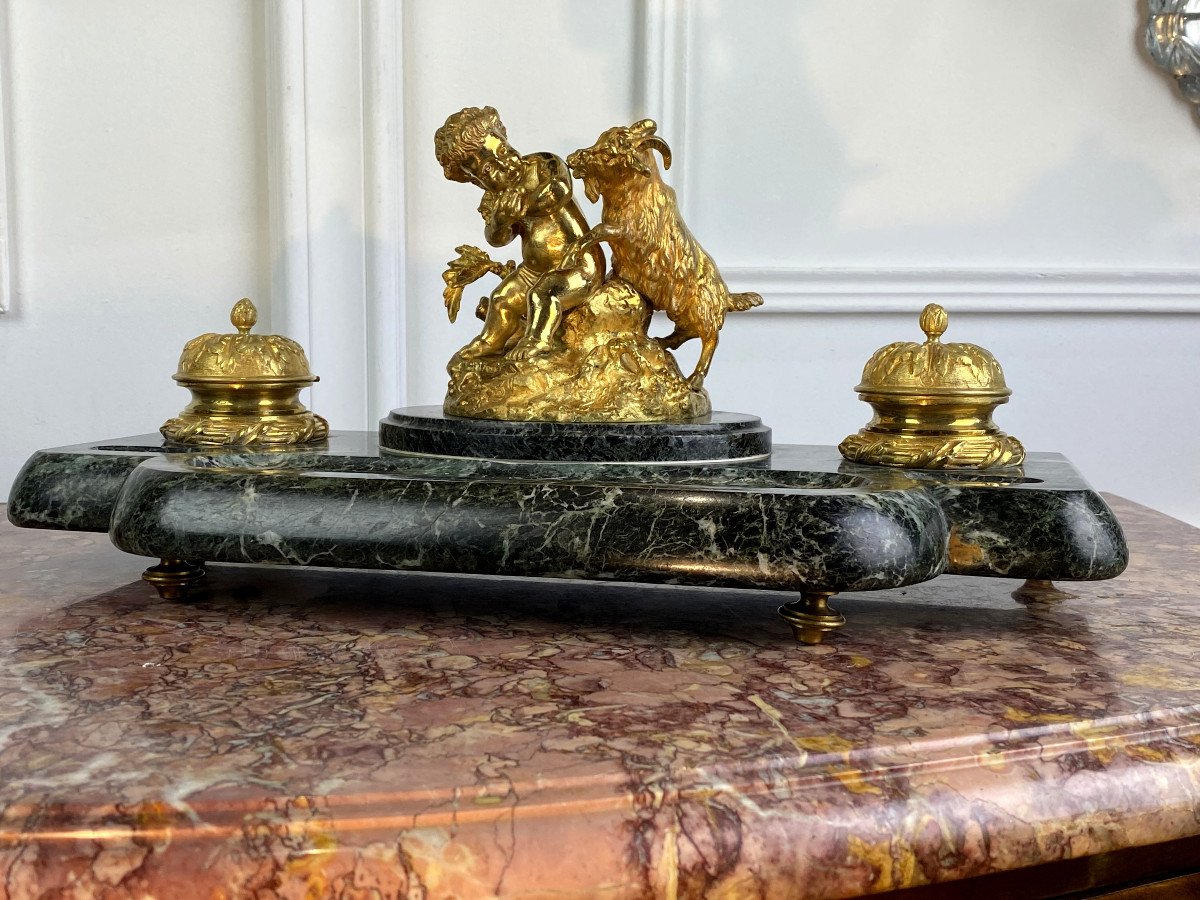 Marble And Gold Bronze Ink Putto And Goat Decoration Signed "museum Of Sevres"