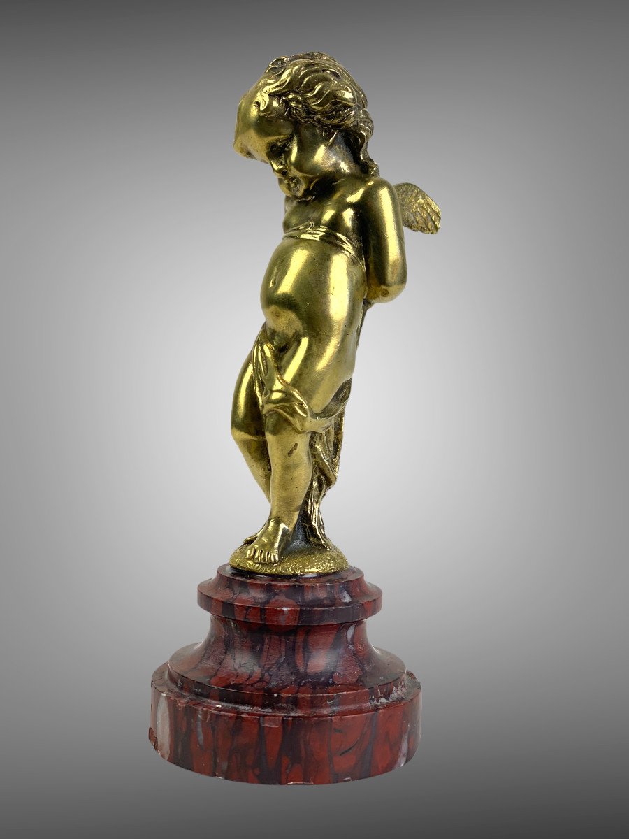 19th Century Gilt Bronze Cherub Mounted On Cherry Marble Base 12 Cm High-photo-4