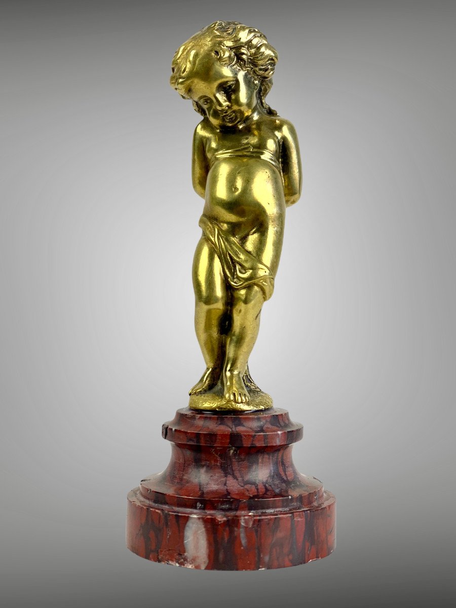 19th Century Gilt Bronze Cherub Mounted On Cherry Marble Base 12 Cm High