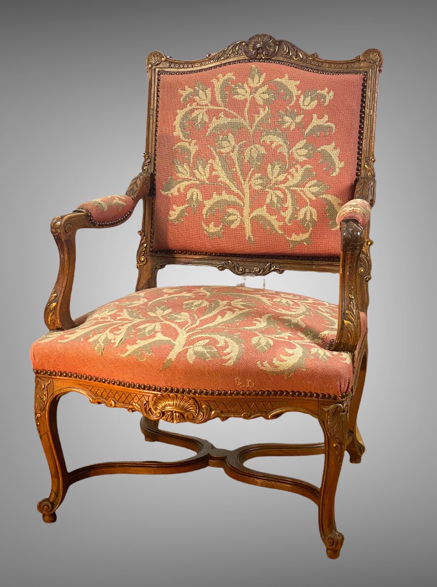 Nineteenth Armchair In Walnut Finely Carved With Regence Style Shells