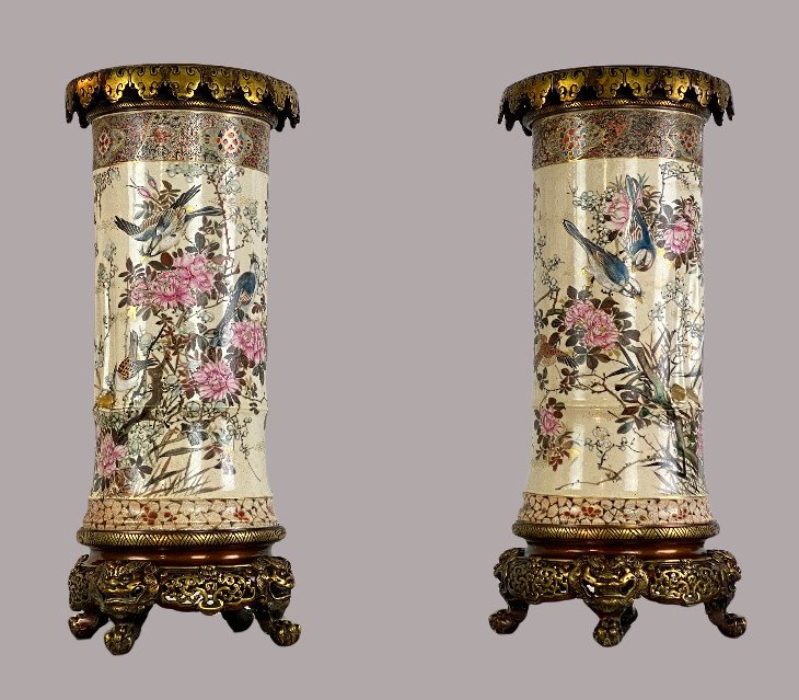 Paire De Vases Anciens ( Grand Modele ) En CÉramique Satsuma OrnÉs De Bronze 