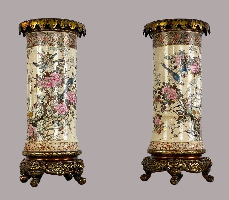 Pair Of Old Vases (large Model) In Satsuma Ceramics Decorated With Bronze