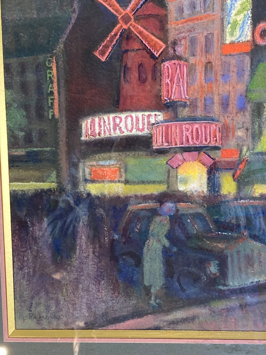 PEINTURE SIGNÉE SUR CARTON SOUS VERRE DES ANNÉES 1900 " PARIS LE MOULIN ROUGE "-photo-2