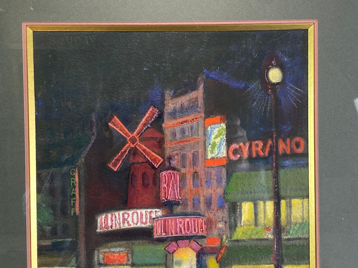 PEINTURE SIGNÉE SUR CARTON SOUS VERRE DES ANNÉES 1900 " PARIS LE MOULIN ROUGE "-photo-4