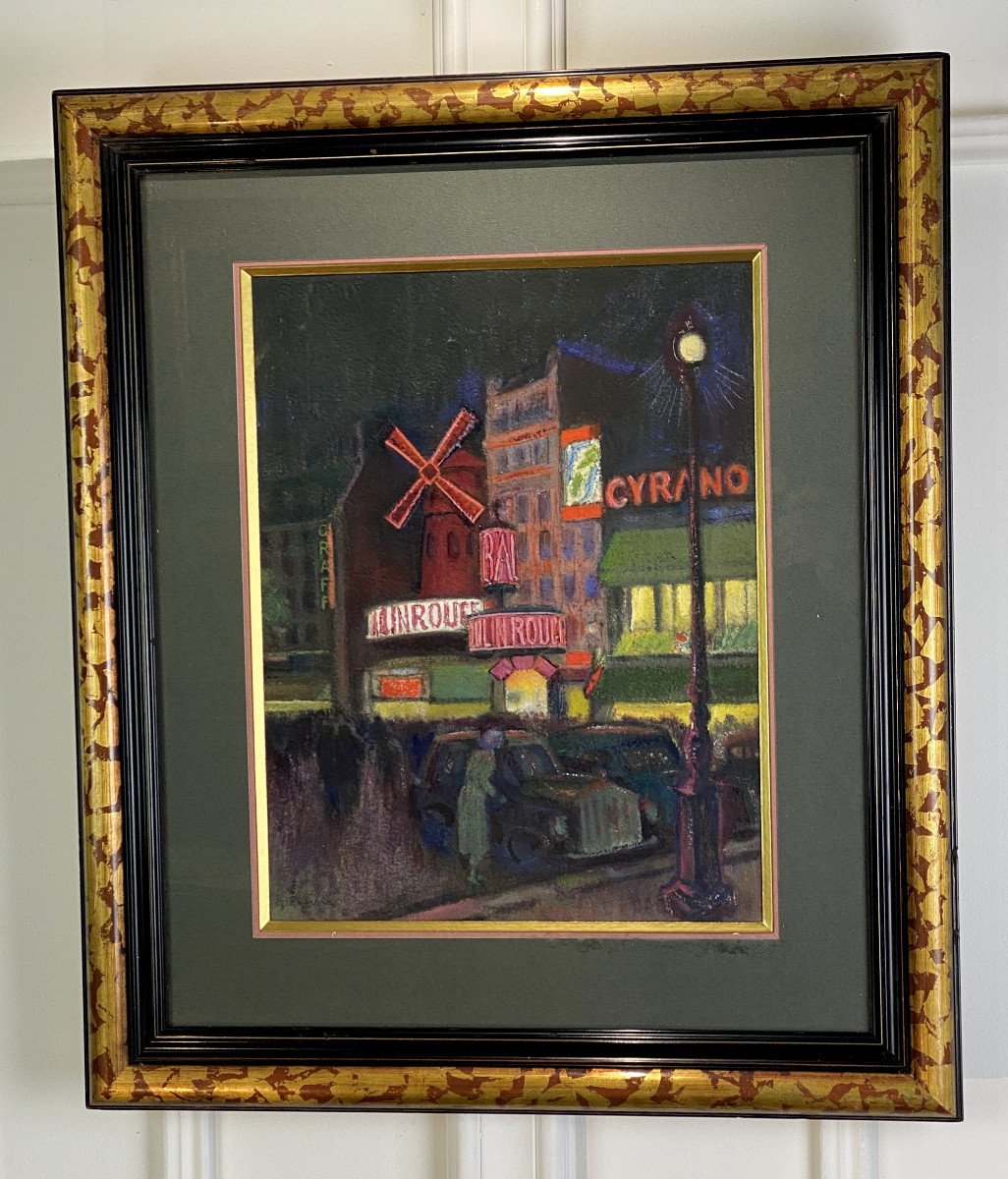 PEINTURE SIGNÉE SUR CARTON SOUS VERRE DES ANNÉES 1900 " PARIS LE MOULIN ROUGE "-photo-5