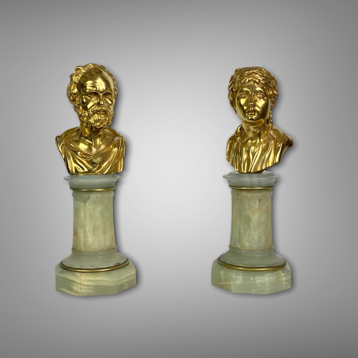 Pair Of Busts Of Philosophers In Gilt Bronze On Onyx Base From The Nineteenth-photo-7