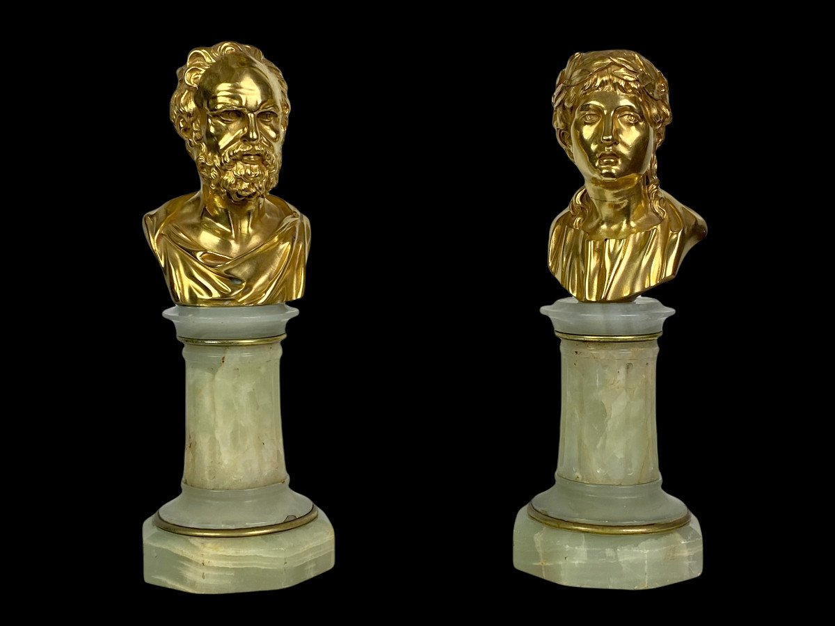 Pair Of Busts Of Philosophers In Gilt Bronze On Onyx Base From The Nineteenth-photo-8