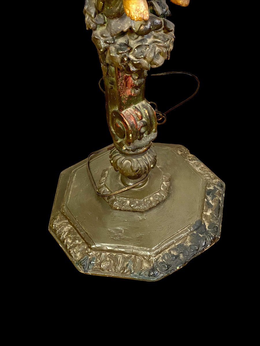 Pair Of 18th Century Candelabra In Patinated / Gilded And Carved Wood Decorated By Putti-photo-2