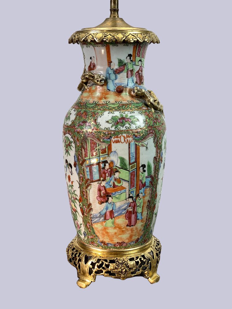 Lampe Ancienne En Porcelaine Polychrome OrnÉe De Bronze ( Famille Rose ) -photo-4