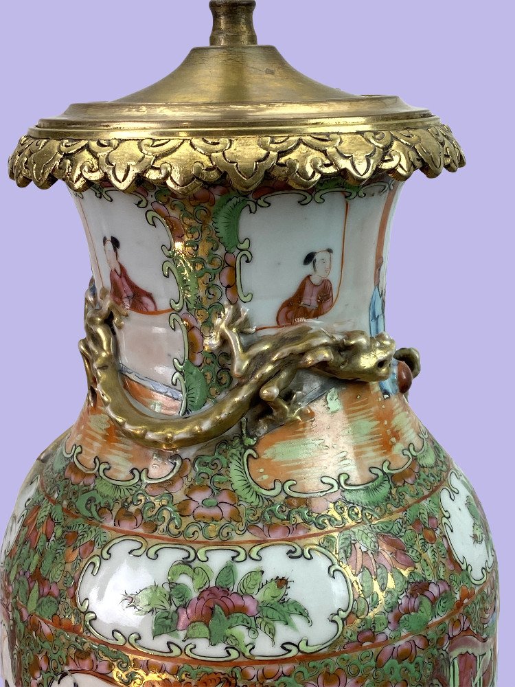 Lampe Ancienne En Porcelaine Polychrome OrnÉe De Bronze ( Famille Rose ) -photo-5