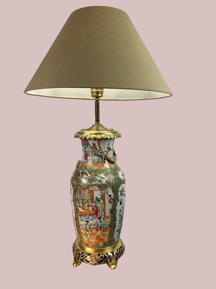 Antique Polychrome Porcelain Lamp Decorated With Bronze (famille Rose)