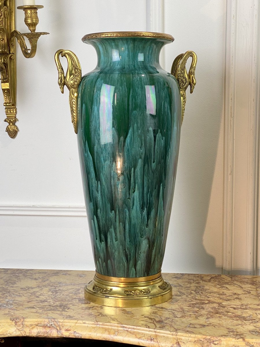 Pair Of Large Sevres Ceramic Vases Decorated With Gilt Bronze Swan Neck Decor-photo-3