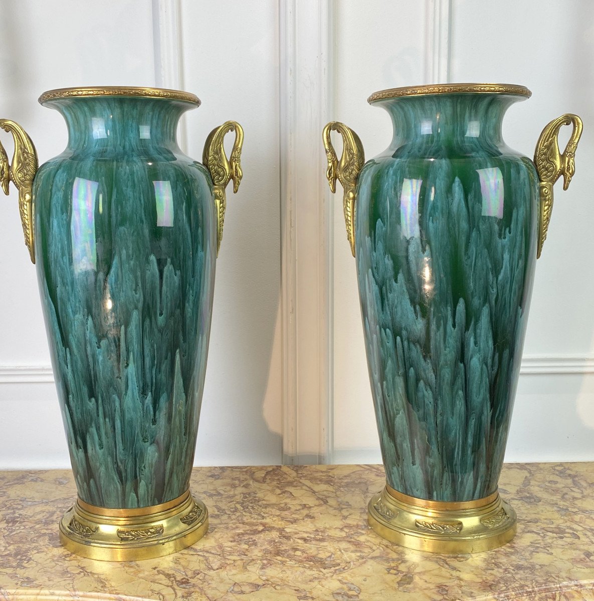 Pair Of Large Sevres Ceramic Vases Decorated With Gilt Bronze Swan Neck Decor-photo-2